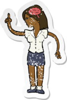 retro distressed sticker of a cartoon woman with clever idea drawing png
