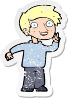 retro distressed sticker of a cartoon boy posing for photo drawing png