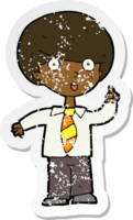 retro distressed sticker of a cartoon school boy answering question drawing png