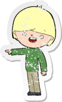 retro distressed sticker of a cartoon man pointing drawing png