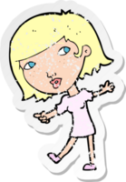 retro distressed sticker of a cartoon happy girl gesturing to follow drawing png