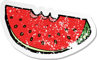 retro distressed sticker of a cartoon watermelon slice drawing png
