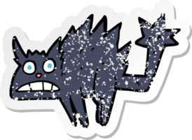 retro distressed sticker of a cartoon frightened black cat drawing png