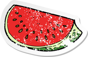 retro distressed sticker of a cartoon watermelon slice drawing png