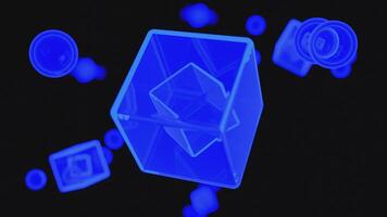 Black background with three-dimensional squares. Design. Small squares of blue shades rapidly rotating around themselves in abstraction. video