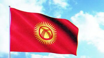Abstract waving red and golden kirghizia flag on a blue cloudy sky background. Motion. Seamlessly looping flag on a flagpole. video