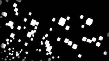 Stream of pulsating cubes in space. Design. Glowing cubes in air. Animation with flying 3d cubes in stream on black background video