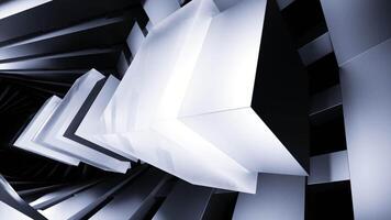 A dark tunnel with moving squares. Design. Blue and gray three-dimensional geometric shapes slowly moving in 3D format through a dark portal. video