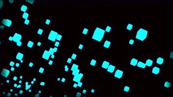 Stream of pulsating cubes in space. Design. Glowing cubes in air. Animation with flying 3d cubes in stream on black background video