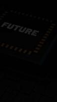 3d chip with neon nets. Design. 3D chip runs computer's software networks. Chip labeled Future Launches new neural network system video