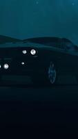 Gray backlight and blue. Design.Dark background with a fashionable foreign car created in animation with moving wheels and asphalt and clouds with light. video