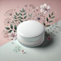 mock up of a skincare place, with a solid color background accompanied by flowers, there is a white mockup for your brand photo