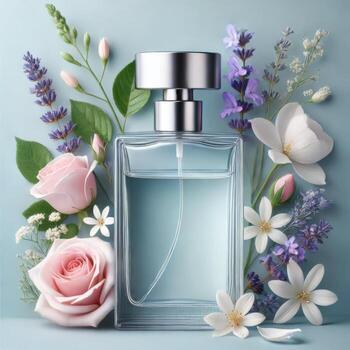 Perfume holder mockup for your brand, with a flower background to make editing easier photo