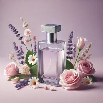 Perfume holder mockup for your brand, with a flower background to make editing easier photo