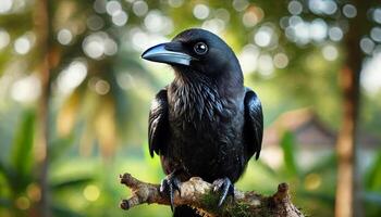 a Banggai crow perched on a tree branch, in a natural setting photo