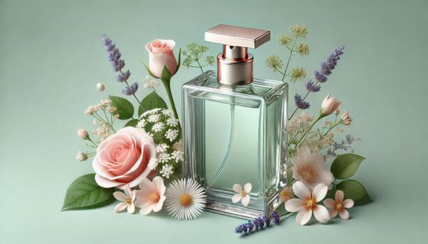 Perfume holder mockup for your brand, with a flower background to make editing easier photo