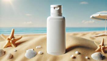 Skincare place mockup, plain white mockup, with a beach atmosphere as a background photo