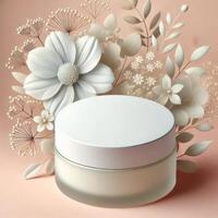 mock up of a skincare place, with a solid color background accompanied by flowers, there is a white mockup for your brand photo
