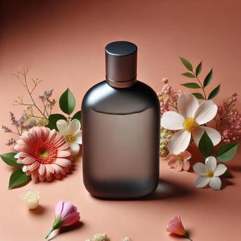 Perfume holder mockup for your brand, with a flower background to make editing easier photo