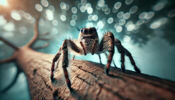 extreme close up of a spider on a tree branch, the spider is clearly visible against the background of leaves and twigs photo