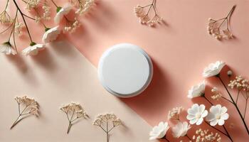 mock up of a skincare place, with a solid color background accompanied by flowers, there is a white mockup for your brand photo