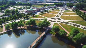 Top view of beautiful bridge with lake in palace park. Creative. Landscape of park and lake with bridge and island at palace. Museum-Reserve at Tsaritsyno Palace video