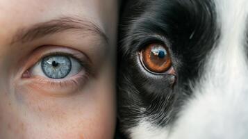 Close-up of human and dog eyes side by side symbolizing connection and companionship photo