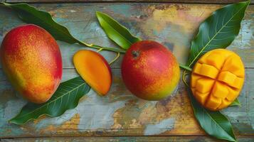 Fresh mangoes with leaves on wooden background photo