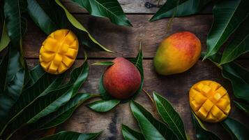 Fresh mangoes with leaves on wooden background photo