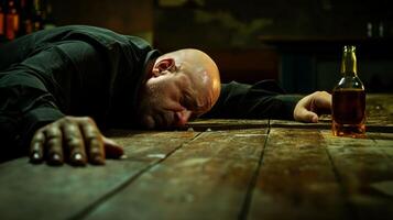 Man passed out in bar with drink symbolizing alcohol abuse and loneliness photo