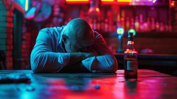 Man passed out in bar with drink symbolizing alcohol abuse and loneliness photo