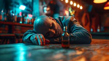 hombre pasado fuera en bar con bebida simbolizando alcohol abuso y soledad foto