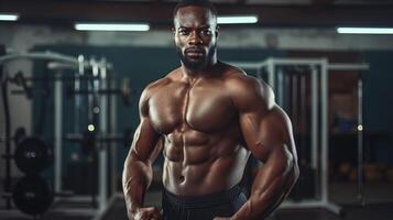 Muscular man flexing in a gym showcasing strength and fitness photo