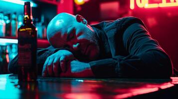 Man passed out in bar with drink symbolizing alcohol abuse and loneliness photo