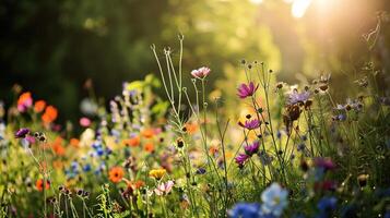 spring meadow with some colorful flowers and blurred background photo