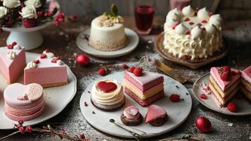 dessert table set to serve various cakes and desserts photo
