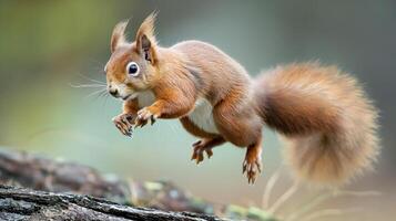 red squirrel jumping in the air with blurred background - wildlife photography photo