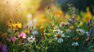 spring meadow with some colorful flowers and blurred background photo