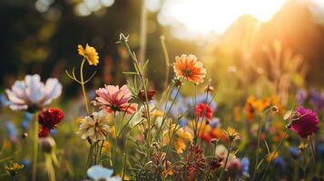 spring meadow with some colorful flowers and blurred background photo