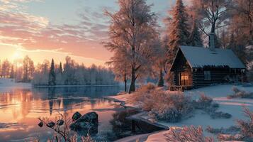 scene of a cabin and lake in the winter with glistening frost on trees photo