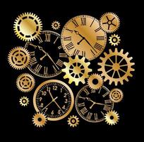 Golg metallic clocks and gears and mechanisms on black background vector