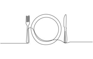 continuous single line drawing of dinner concept, plate with fork, knife and spoon, line art illustration vector