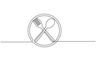 continuous single line drawing of dinner concept, plate with fork, knife and spoon, line art illustration vector