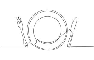 continuous single line drawing of dinner concept, plate with fork, knife and spoon, line art illustration vector