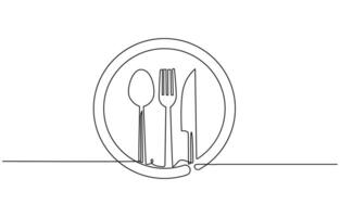 continuous single line drawing of dinner concept, plate with fork, knife and spoon, line art illustration vector