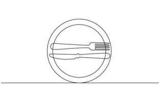 continuous single line drawing of dinner concept, plate with fork, knife and spoon, line art illustration vector