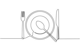 continuous single line drawing of dinner concept, plate with fork, knife and spoon, line art illustration vector