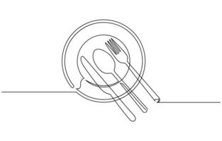 continuous single line drawing of dinner concept, plate with fork, knife and spoon, line art illustration vector