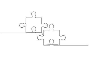 Two connected puzzle pieces of one continuous line drawn. Jigsaw puzzle element. illustration vector