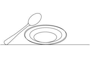 continuous single line drawing of dinner concept, plate with fork, knife and spoon, line art illustration vector